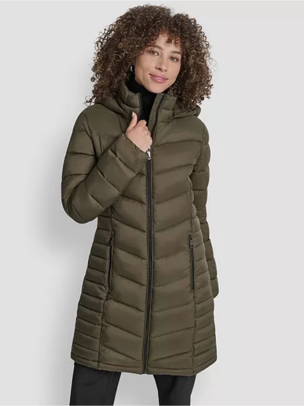DKNY Women's Olive Hooded Long Puffer Coat
